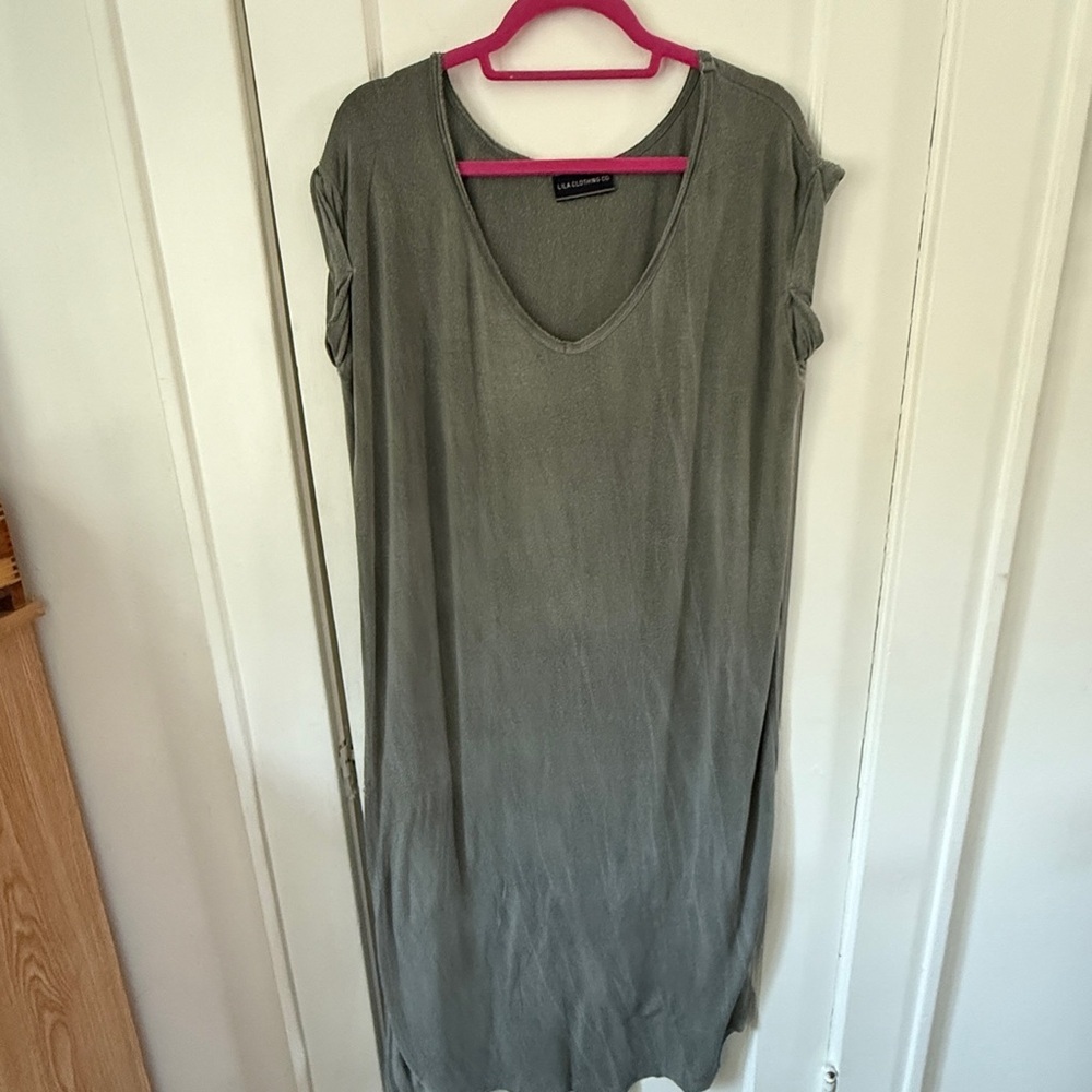 Lila Clothing Co Olive Green Drape Maxi T-Shirt Dress with Side Slit